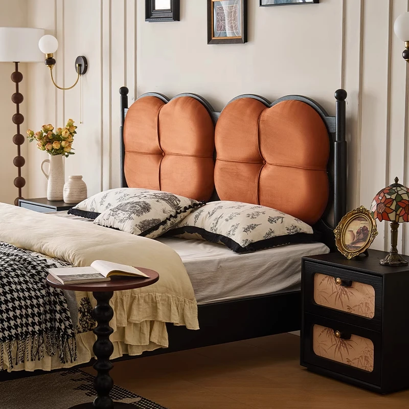 法式复古涟漪1.8米家用白蜡木全实木主卧大床中古风轻奢真皮软靠