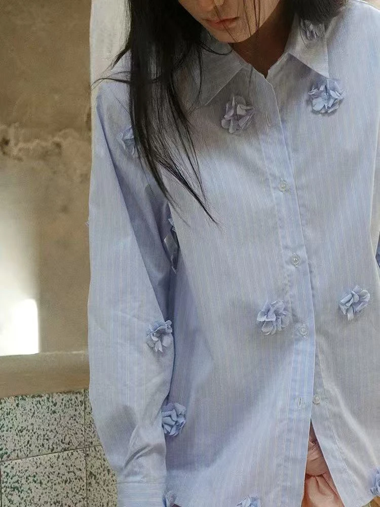 条纹控必入春夏新款立体手工花朵衬衫轻盈透气空调衫遮阳衫1676