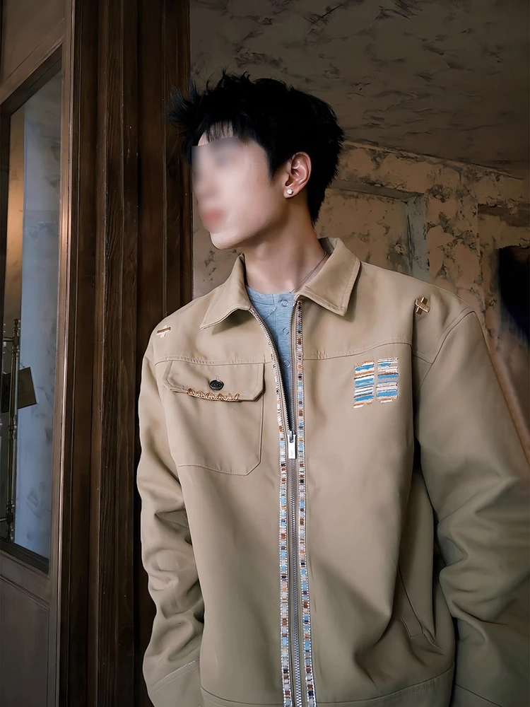 卡其色美式复古刺绣工装夹克男春秋小众设计感情侣外套翻领棒球服