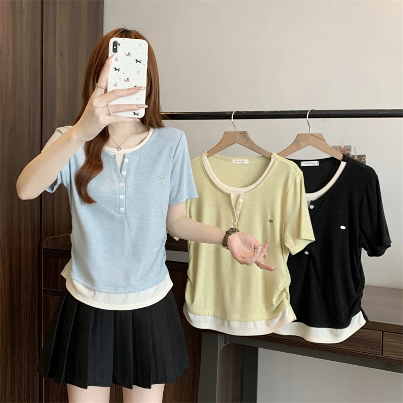 【小可爱专属】2025夏季新款设计感修身假两件T恤上衣1755