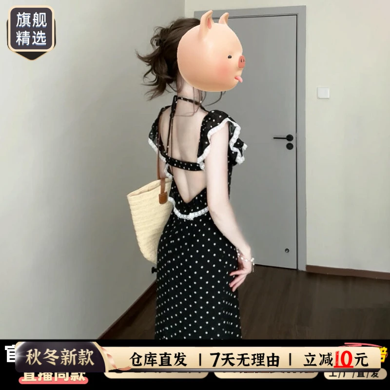 法式茶歇方领蕾丝荷叶边波点连衣裙子女2025新款波点喇叭袖荷叶边