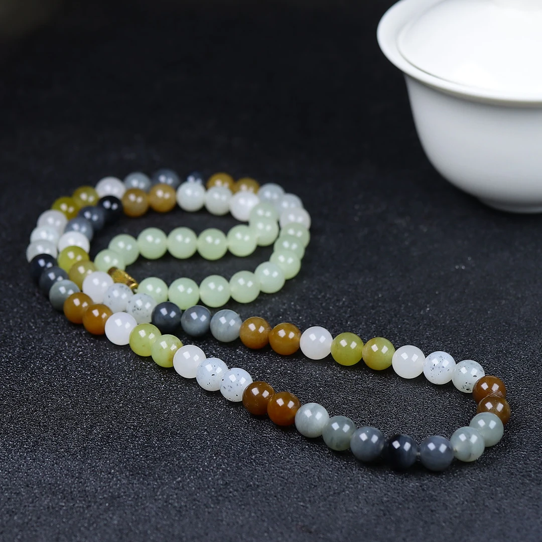 120957和田玉楼兰三色圆珠项链