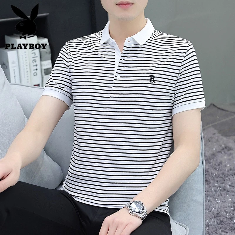 花花公子男士polo衫短袖纯棉条纹夏季时尚翻领t恤商务休闲半上衣