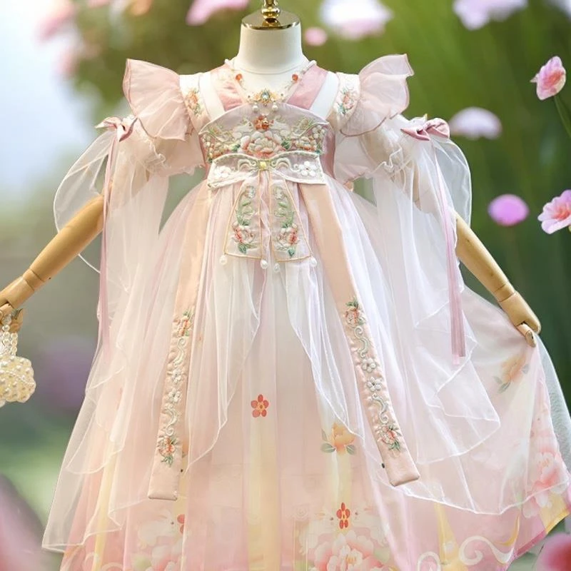 巴拉开门2025夏季女童新款古风重工刺绣汉服复古唐装仙气袖子襦裙