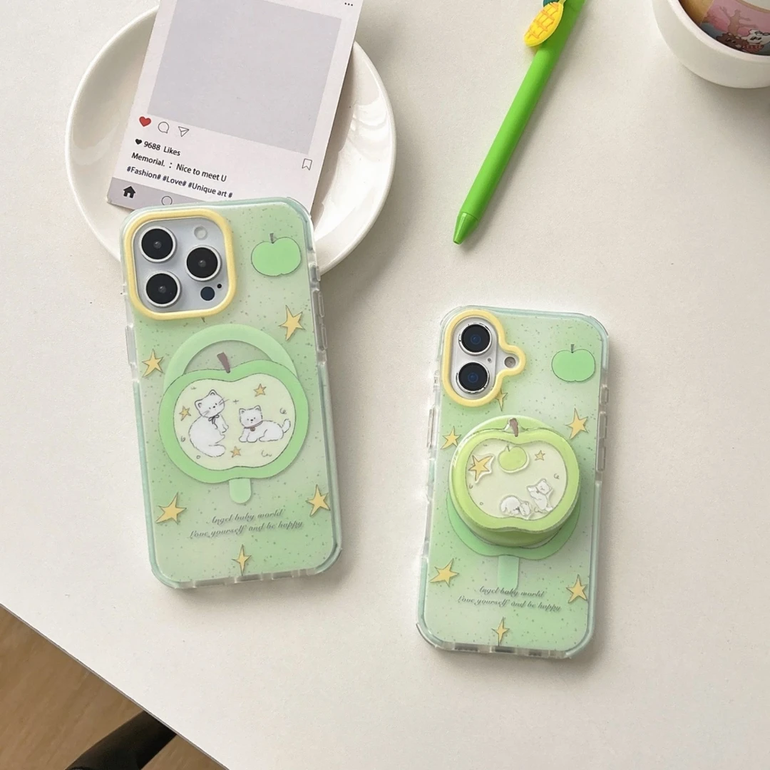 卡通小清新青苹果猫咪磁吸支架适用苹果16promax手机壳iphone15新