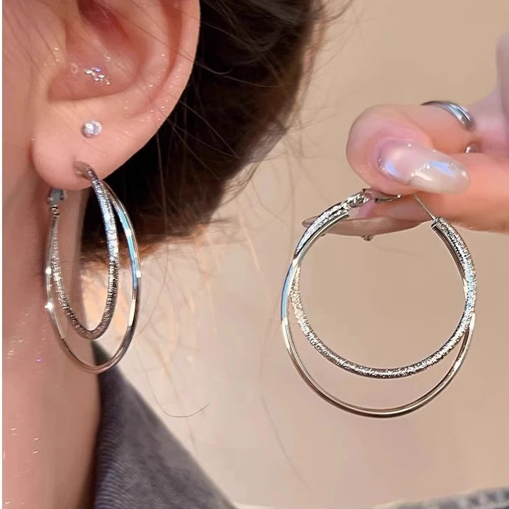 合金耳饰 简约气质夸张双层交叉耳圈银耳环女2025独特设计感耳钉