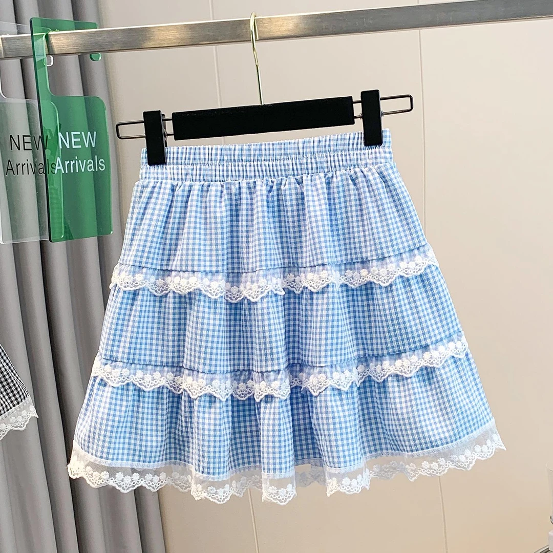 大码法式蕾丝花边格子半身裙女百搭胖mm高腰a字显瘦短裙A字夏季