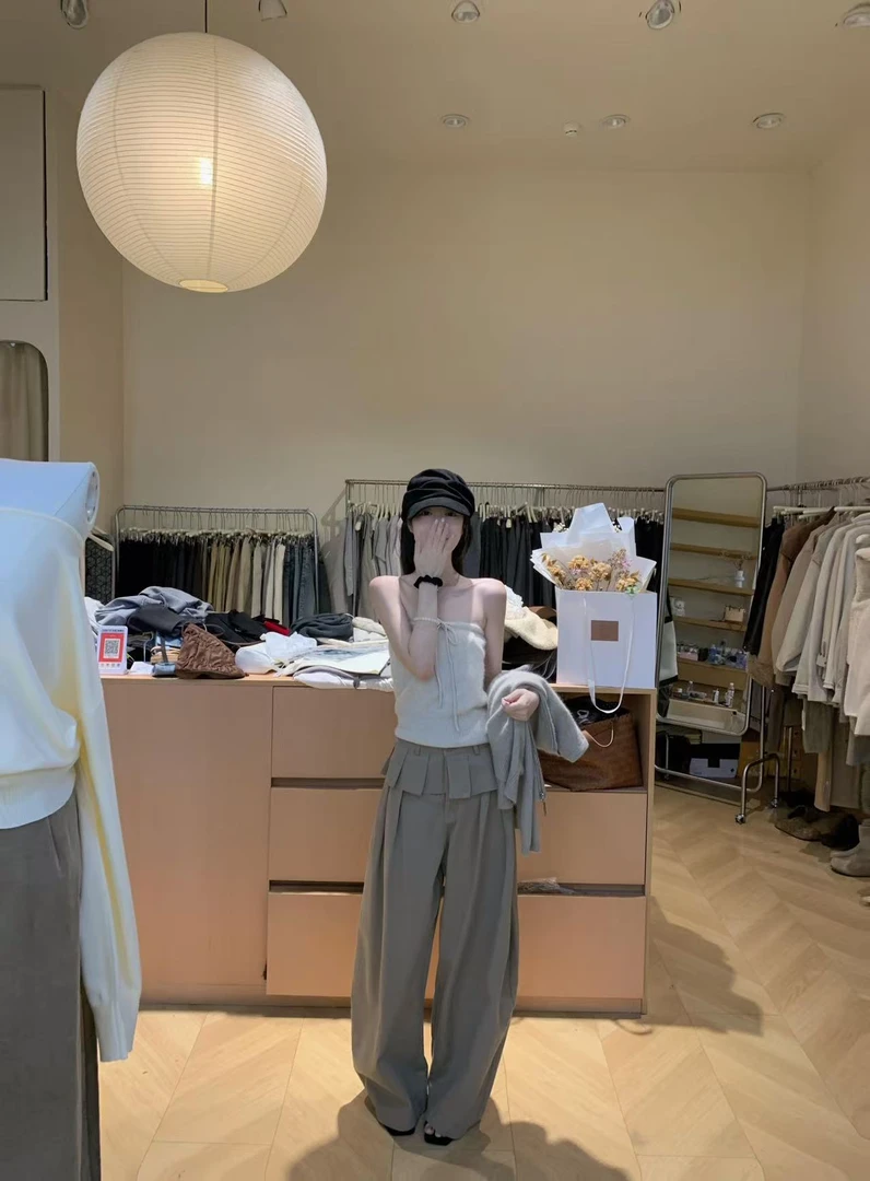 韩系拉链针织开衫绑带纯欲针织抹胸荷叶边拼接卡其绿阔腿裤三件套