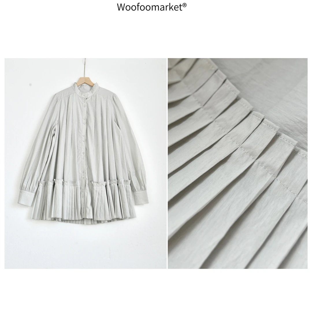 清清【海街日集】有内衬 百褶裙摆简约宽松衬衫裙女春季  LYQ159