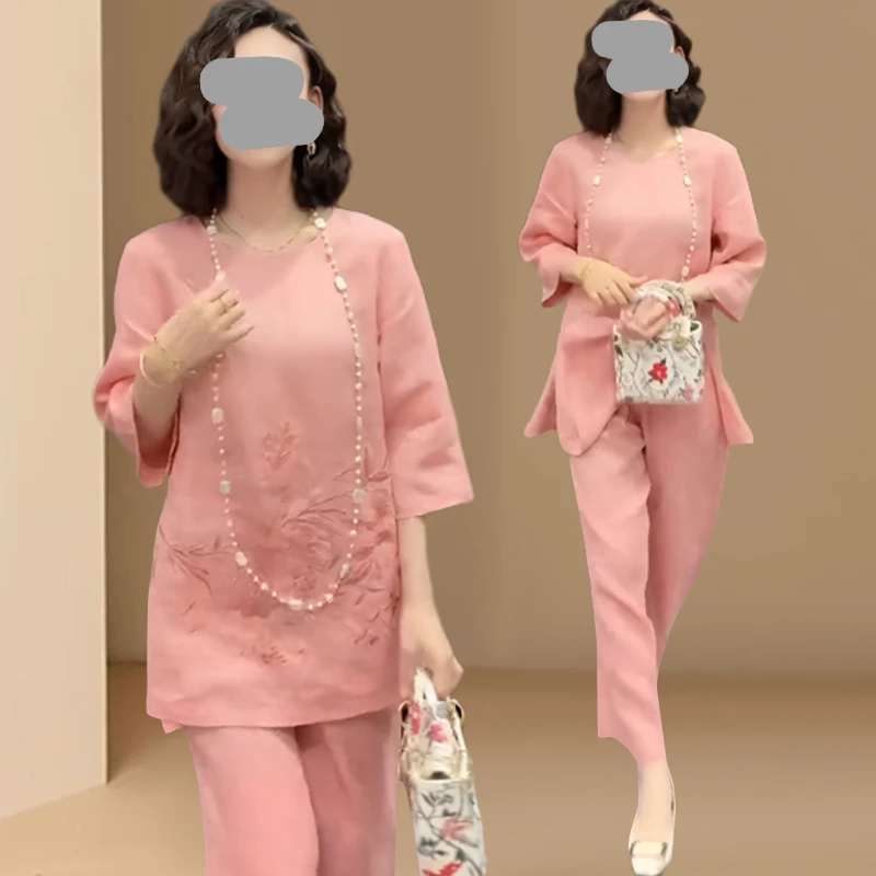 欧货2025夏季新款时髦减龄质感高级休闲风纯色圆领上衣长裤两件套