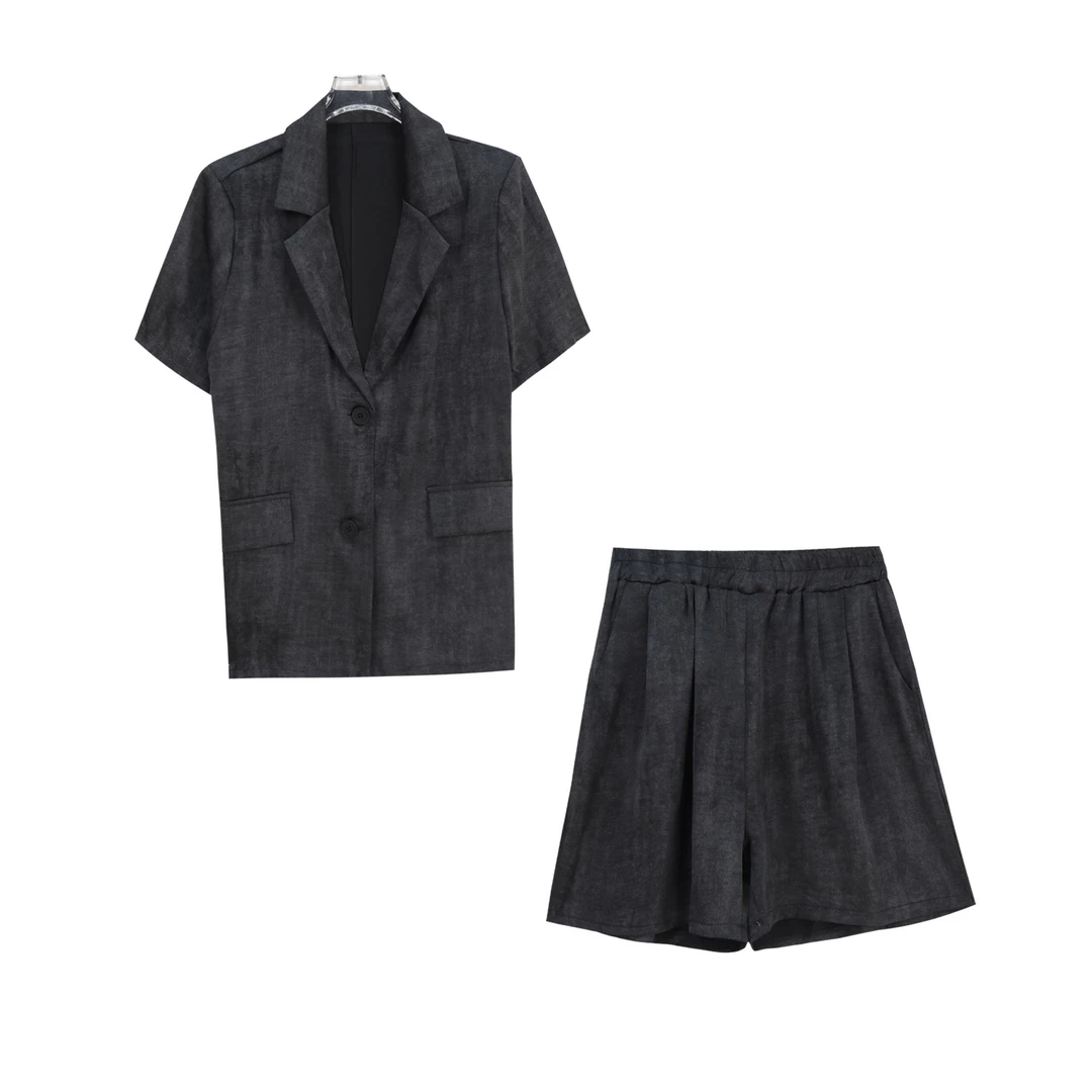 夏季复古短袖西服领宽松显瘦阔腿短裤子两件套S830