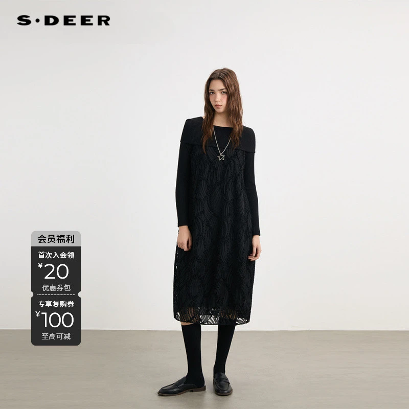 S·DEER圣迪奥秋季女装拼接设计师连衣裙时尚气质裙子S253Z1240