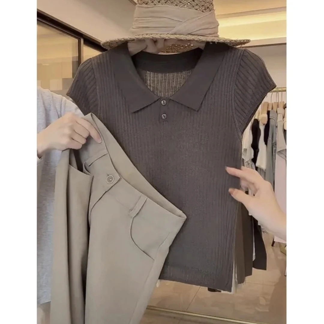 简约polo领冰丝短袖针织衫夏季新款时尚韩版显瘦百搭短款T恤小衫