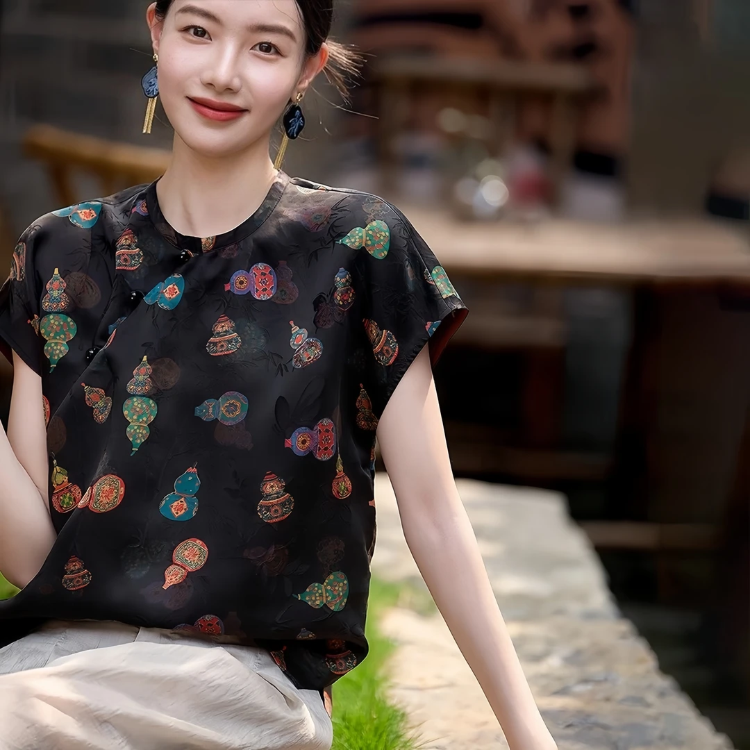 SM气质国风上衣女装小衫秋季新中式轻奢桑蚕丝衬衫新款短袖衬衣