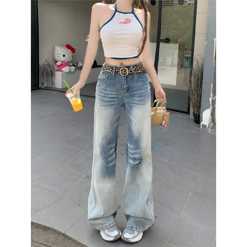 黎帮主 韩系折痕水洗破洞微喇牛仔裤女2025新款复古直筒喇叭裤子