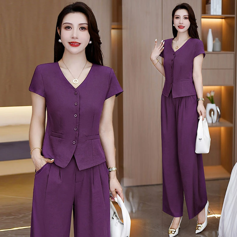 2025夏季新款洋气时尚气质百搭休闲套装V领衬衫短袖阔腿裤两件套
