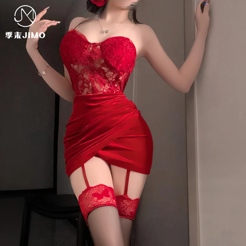 性感法式金丝绒蕾丝抹胸镂空收腰红色性感红色战袍吊带睡衣睡裙