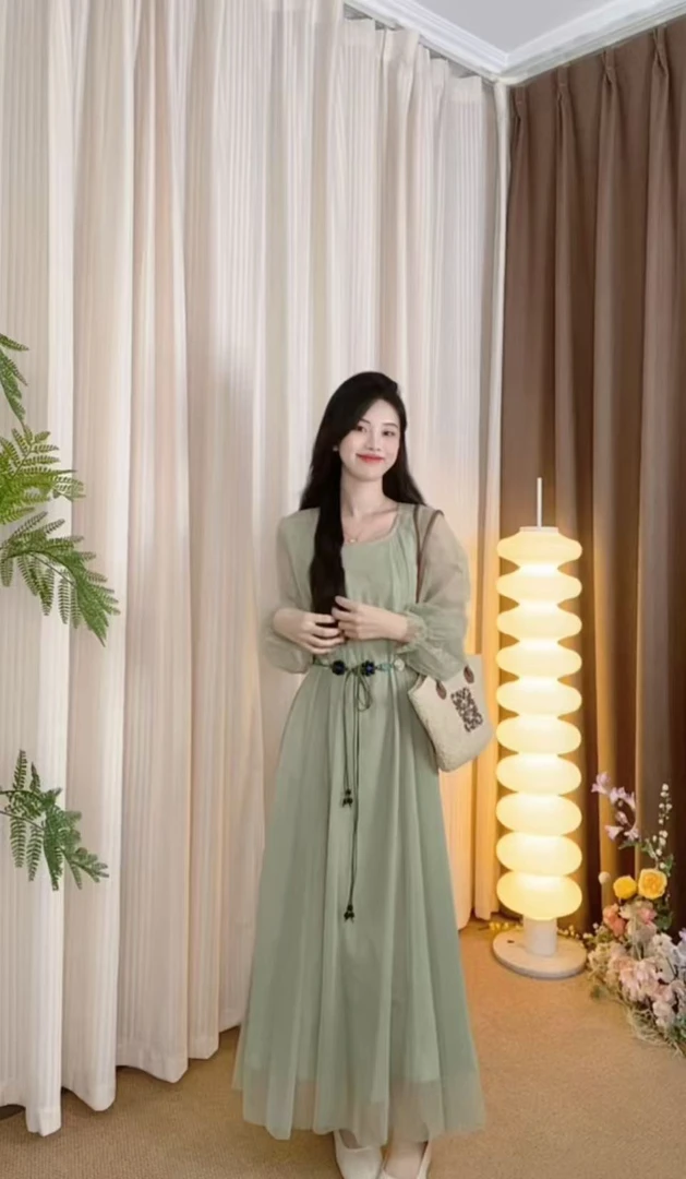 AN.XIN【盛夏晚晴天 Sunny】优雅气质温柔长款显瘦连衣裙6997