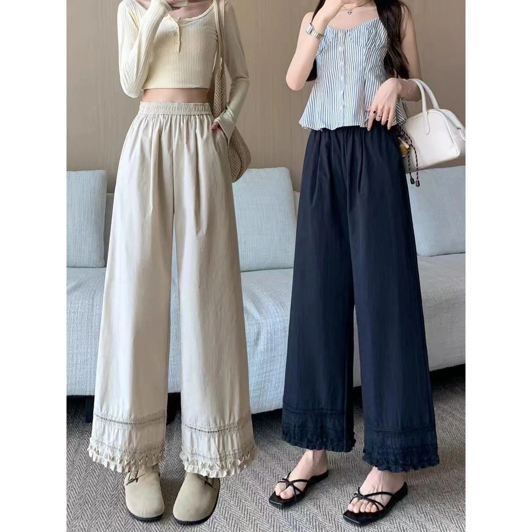 设计感木耳边阔腿裤女2025夏季轻薄新款欧货宽松直筒九分休闲裤子