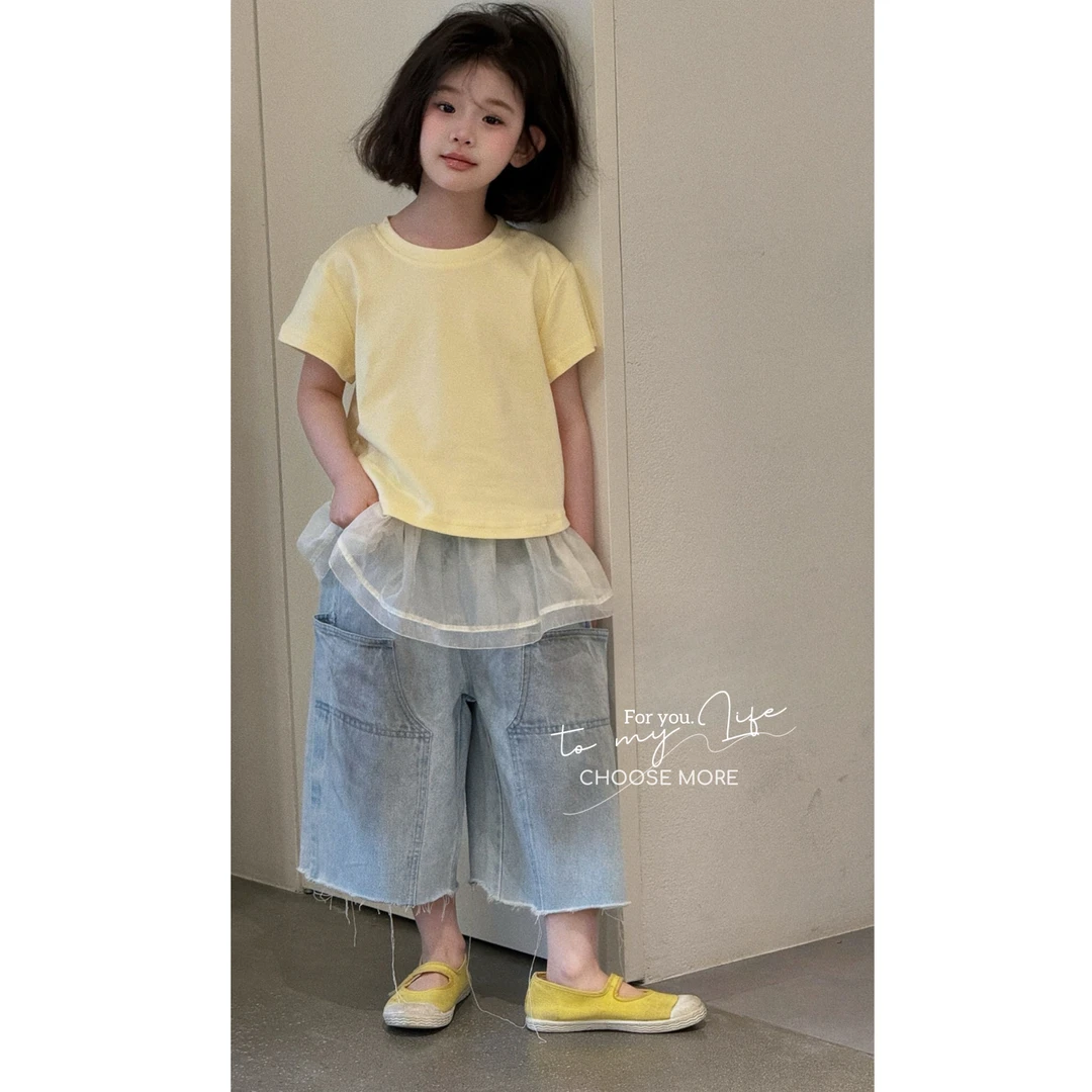 CHOOSE MORE25夏季新款女童鹅黄小飞袖T恤＋七分牛仔裤＋亮纱屁帘