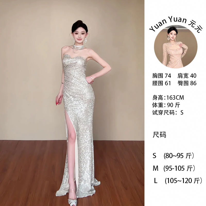 d18/H023 0509-1【Yy】轻熟名媛风爆闪晚礼服开叉性感显身材连衣裙