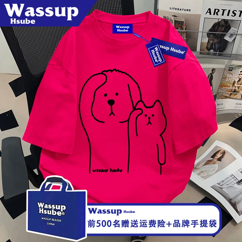 WASSUP HSUBE简笔猫狗印花百搭T恤ins火龙果色纯棉短袖夏男女上衣