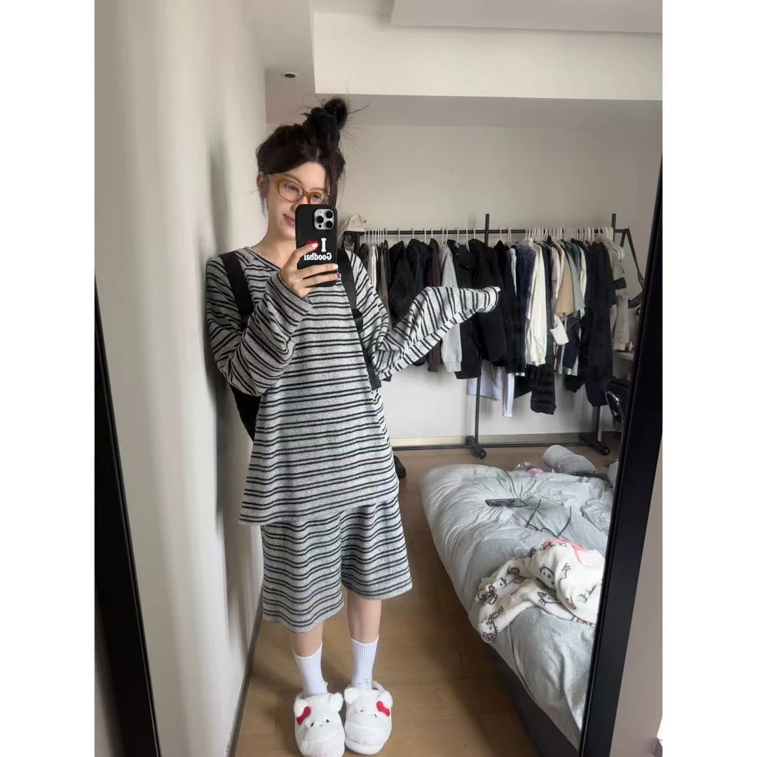 “清仓款”韩系简约条纹春夏宽松长袖短裤套装慵懒超舒服006-