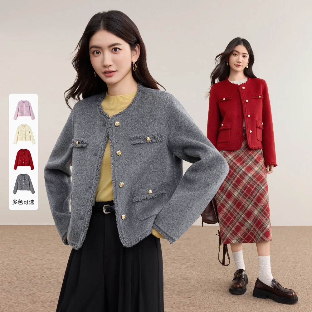 尚都比拉含绵羊毛多色可选优雅通勤圆领保暖双面呢外套F2676