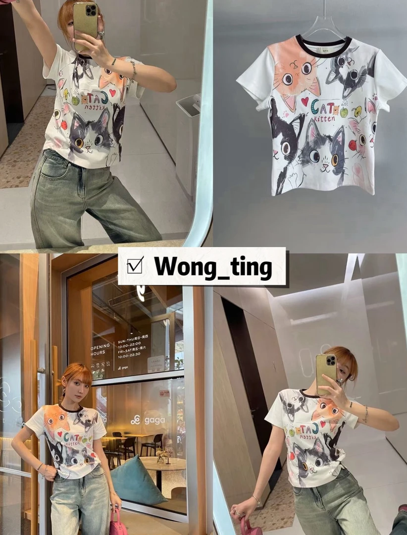 【W_ting】2025新款小众设计师四只小猫咪小版短袖T恤40019