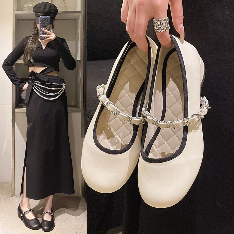 时尚小香风单鞋小皮鞋圆头低跟2025春季新款玛丽珍女鞋豆豆鞋