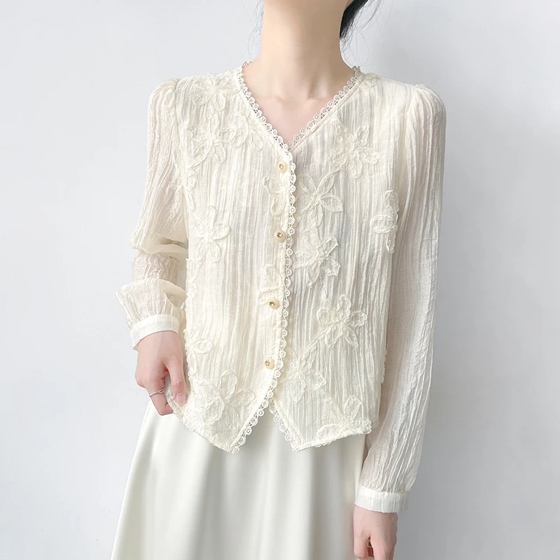 Q562V领蕾丝花边雪纺衬衫女时尚洋气小众衬衣独特漂亮的小衫上衣