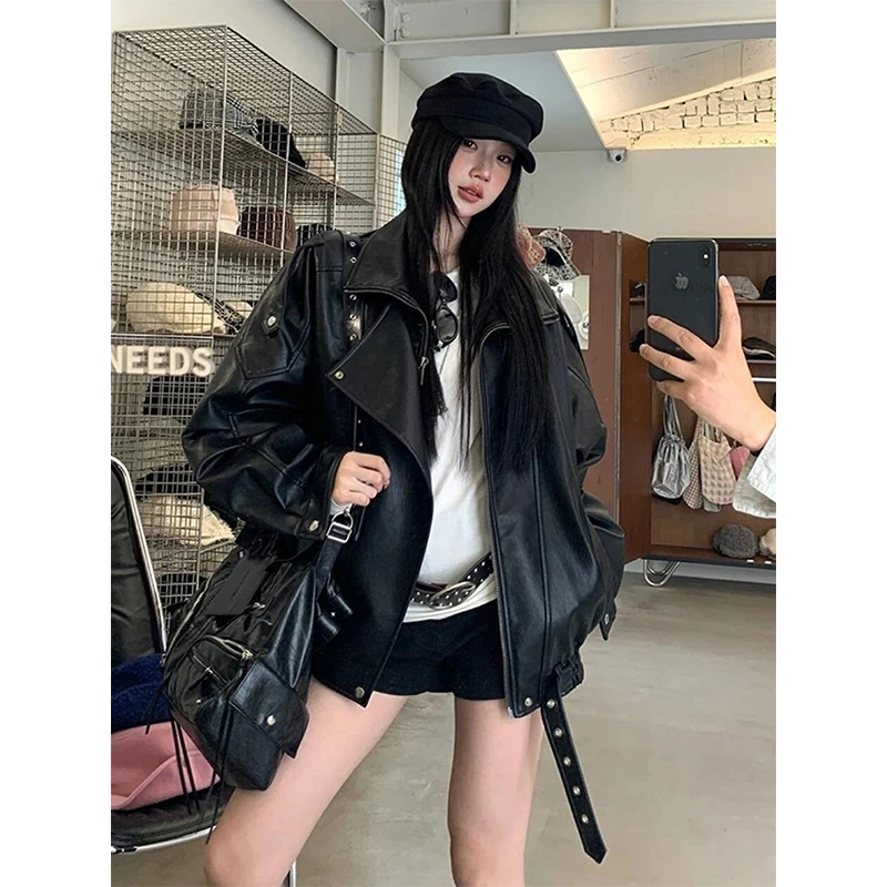 美式炸街酷飒风黑色pu皮衣外套女秋季高级感百搭西装领夹克上衣潮