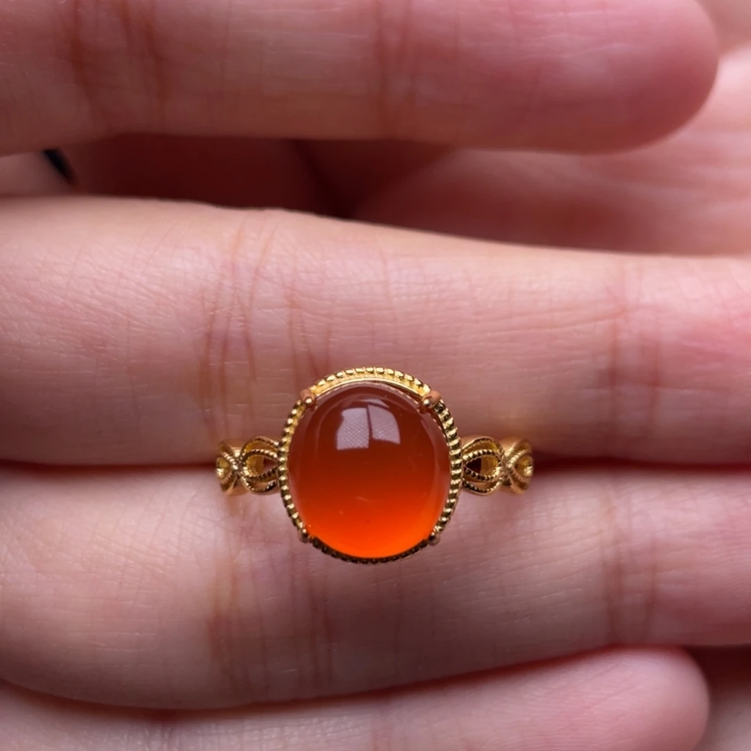 南红玛瑙银S925镶嵌珠宝奇石女戒