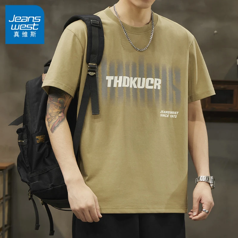Jeanswest/真维斯男士短袖t恤夏季薄款印花纯棉百搭宽松圆领上衣