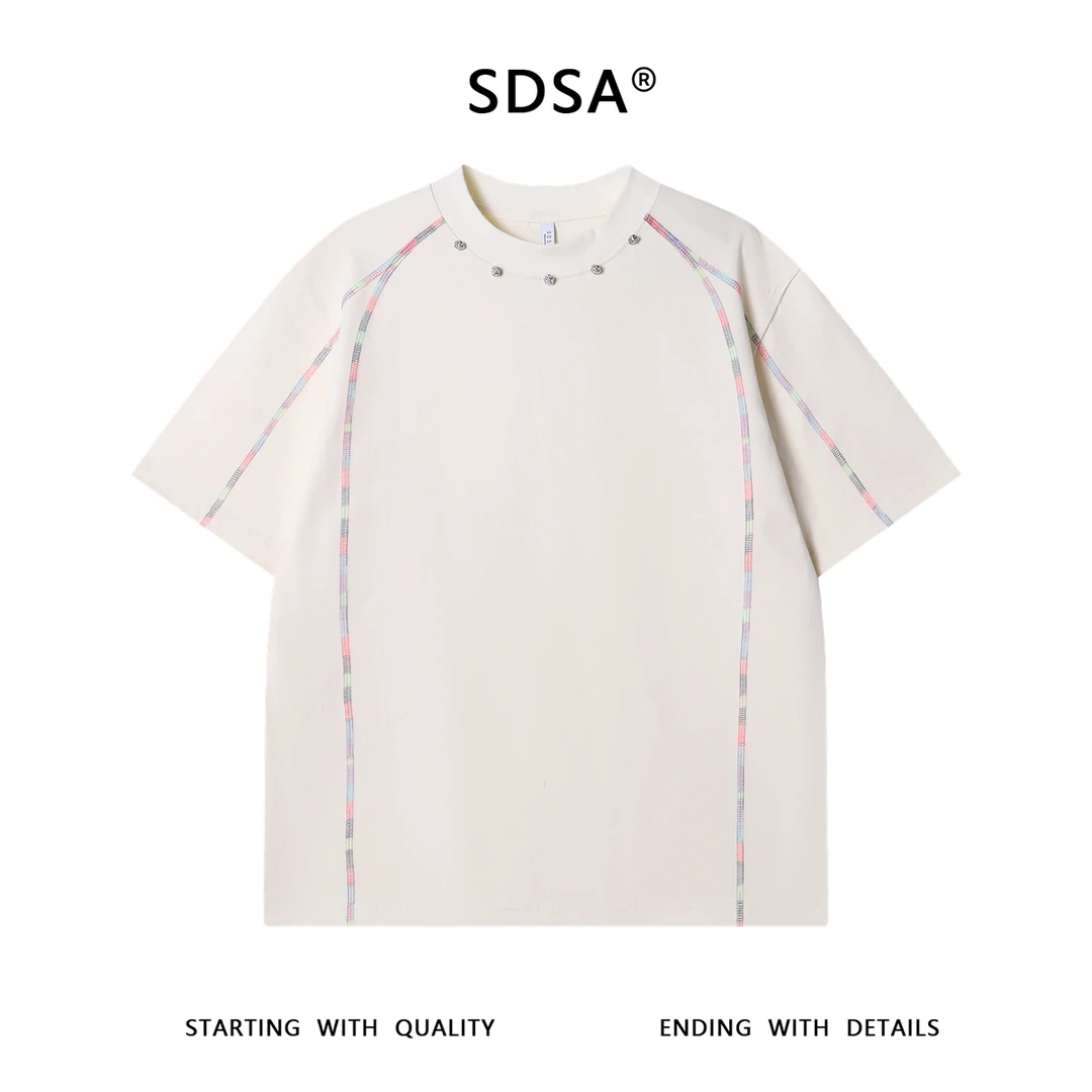 夏季高级感新款韩系潮牌彩色缝线圆领短袖T恤领口立体装饰上衣