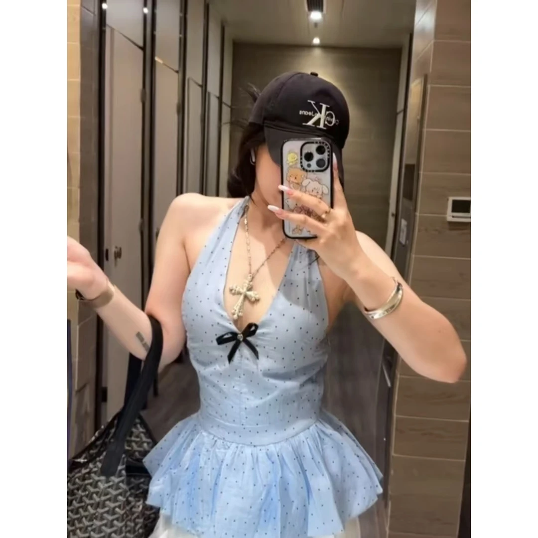 韩系蓝色波点v领挂脖吊带背心女夏季设计感花苞下摆无袖小衫上衣