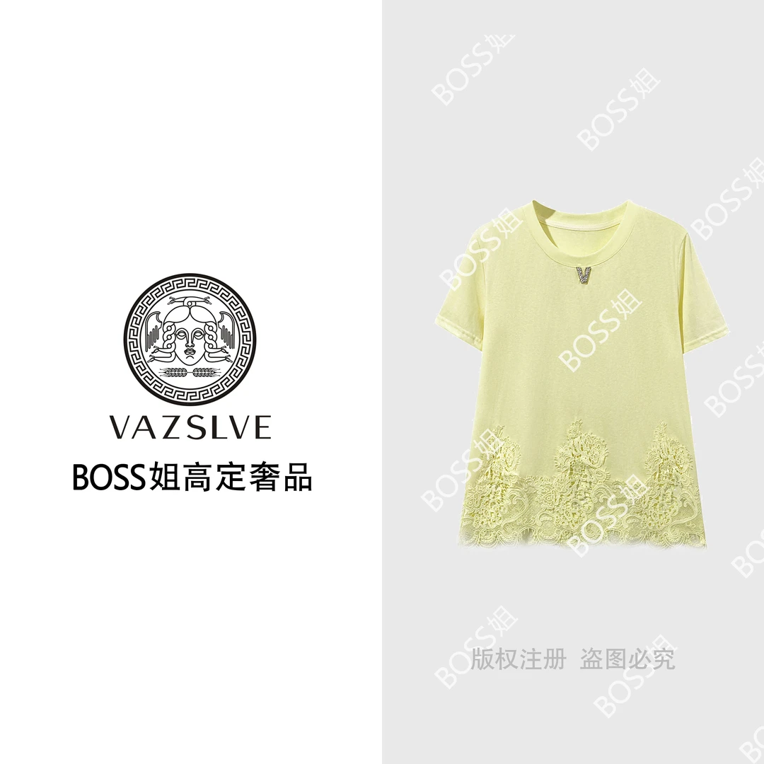 【VAZSLVE/原创设计】68021#重工蕾丝拼接T恤2025春夏潮流个性上衣