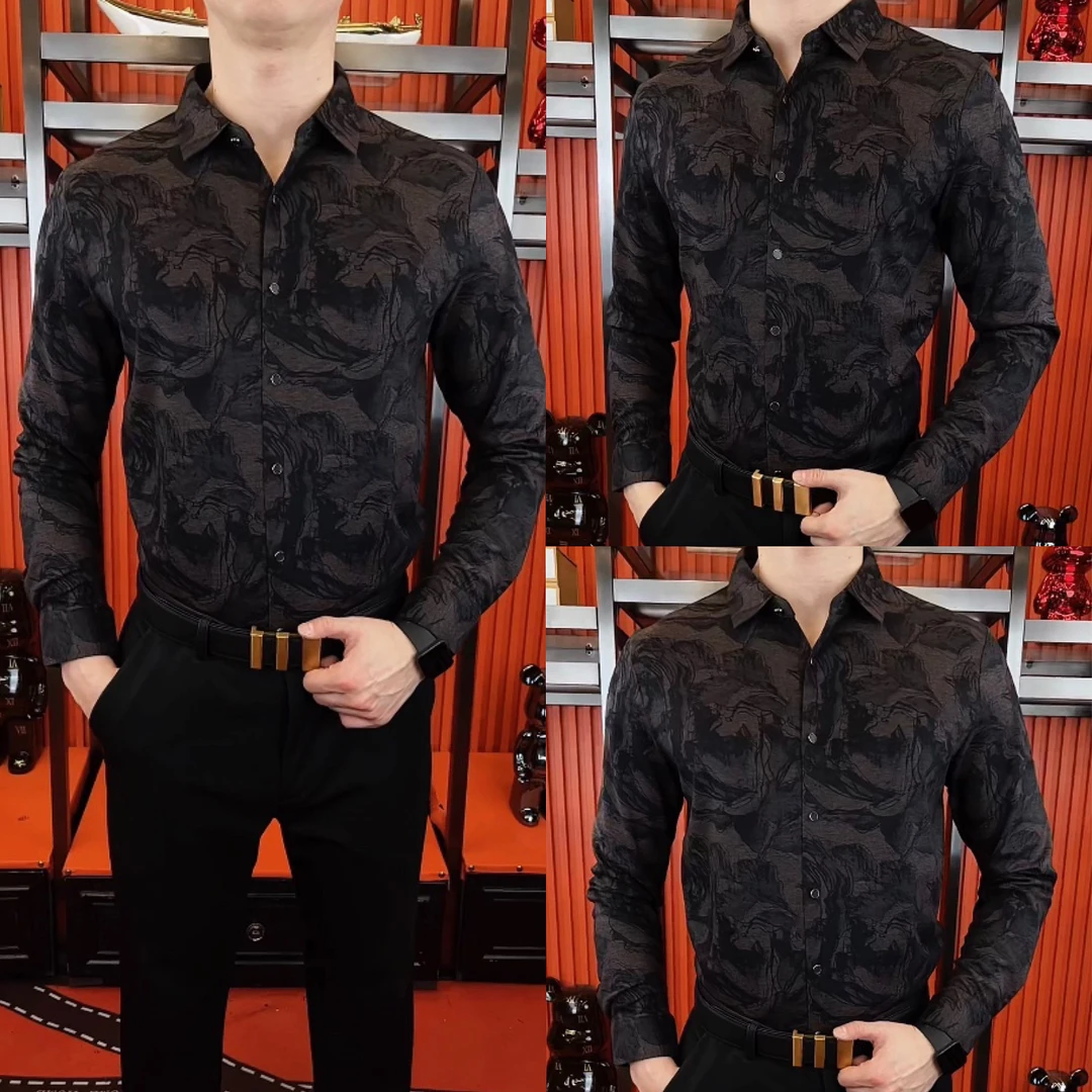 088春季新款休闲高端男士四面弹力休闲花衬衫