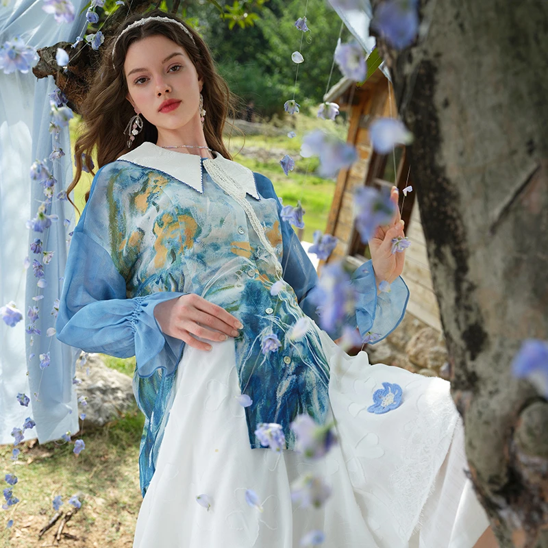 两三事轻舞花扬 欧若风 雪纺衫女宽松春夏长袖复古印花中国汉元素
