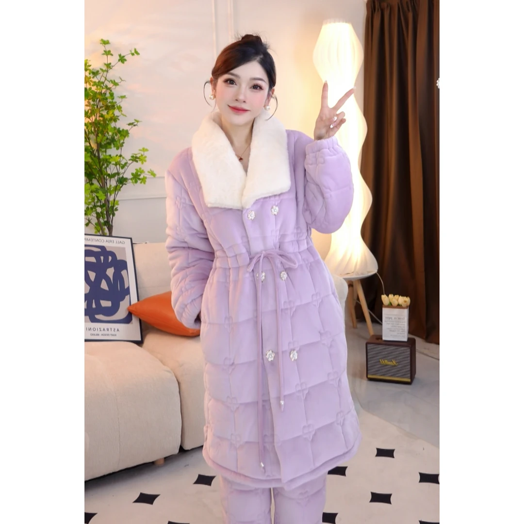 【奈思】冬季上新《繁花紫》三层夹棉加绒加厚保暖睡衣套装家居服