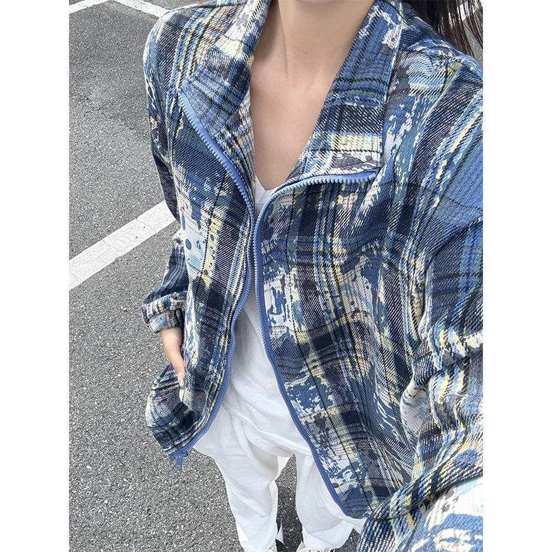 美式复古扎染格子情侣外套男春秋款cleanfit宽松港风少年感夹克