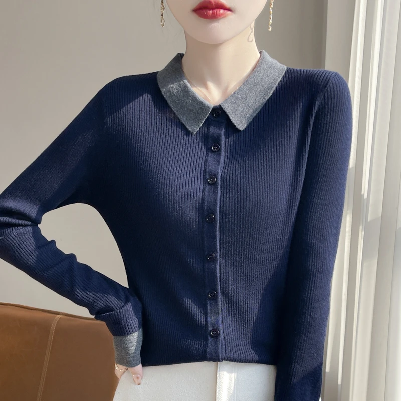 撞色polo领针织开衫女2025新款长袖外搭洋气精纺羊毛上衣翻领毛衣