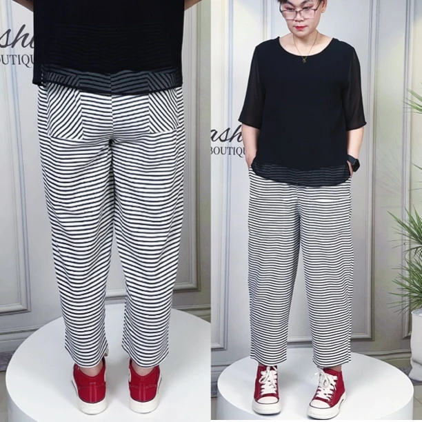 夏季宽松泡泡棉条纹时尚百搭薄款大码女裤