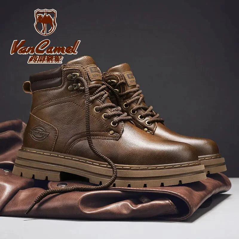 西域骆驼马丁靴男真皮复古英伦风高帮皮鞋大码45防水机车工装皮靴