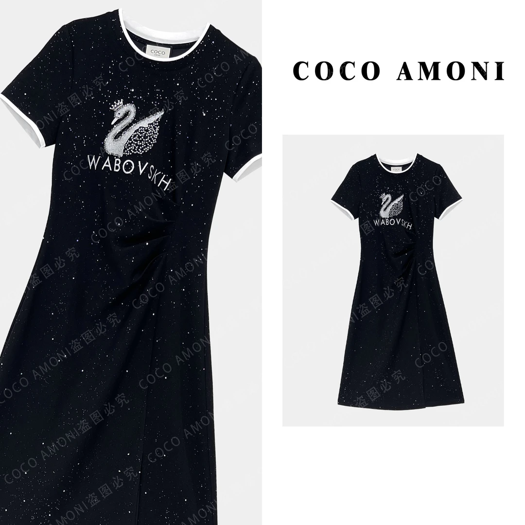 {曼姐}新款高级感满天星女装拼接重工亮钻天鹅显瘦连衣裙AC311