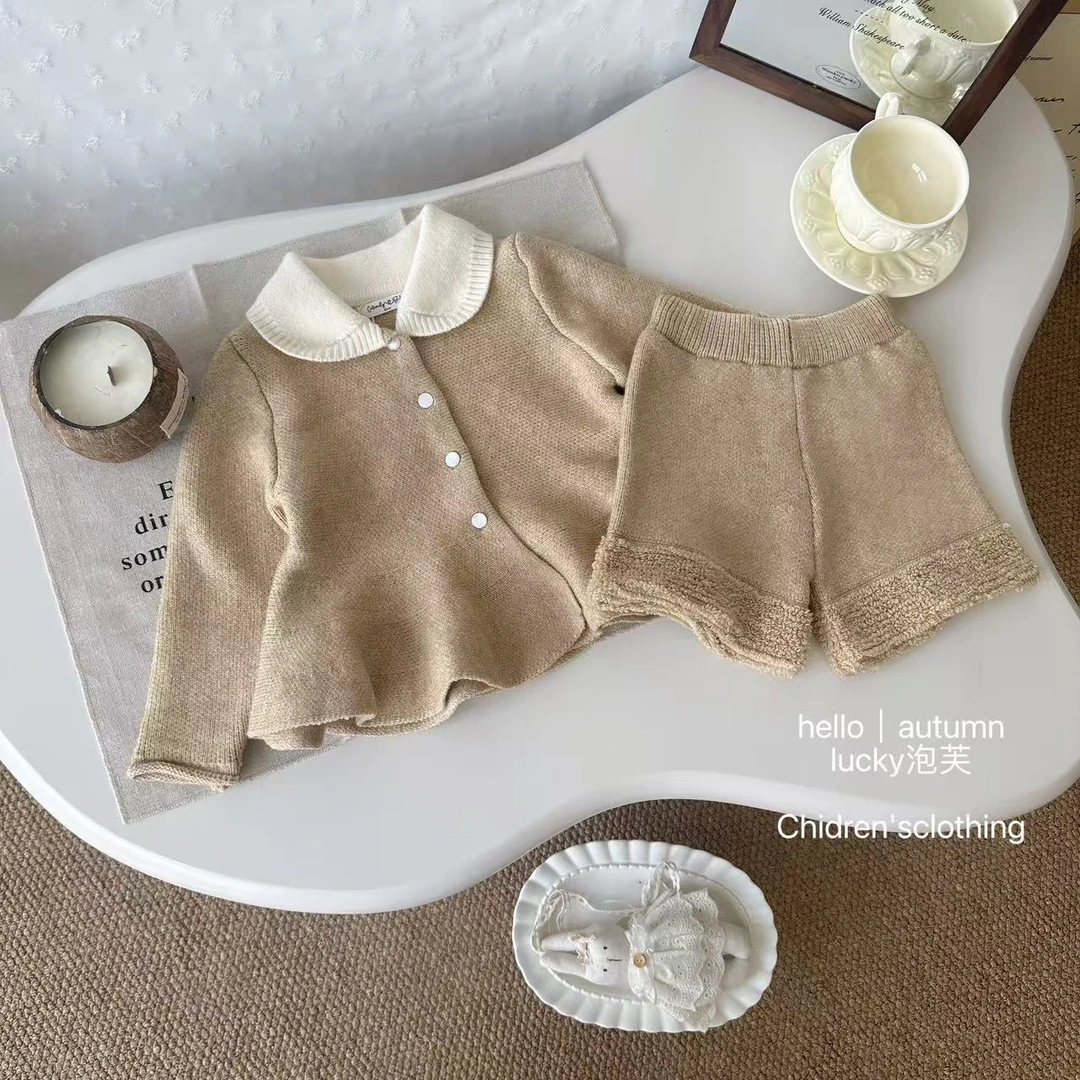 【lucky泡芙】时髦精！女童公主裙外套秋冬韩版翻领毛衣短裤两件套装