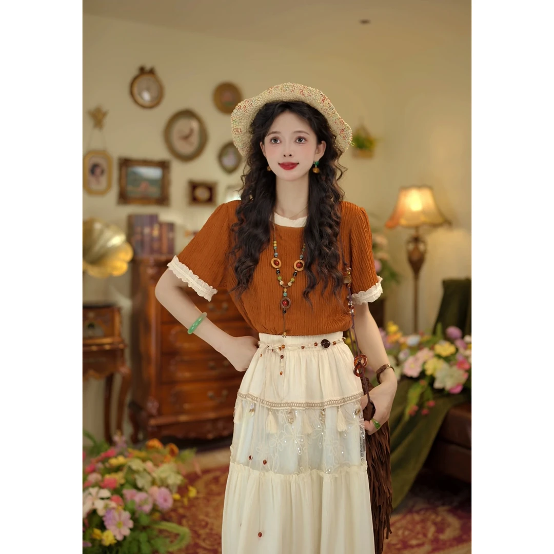 扣子家【夏有凉风】港风复古圆领短袖T恤宽松显瘦上衣KD0325934