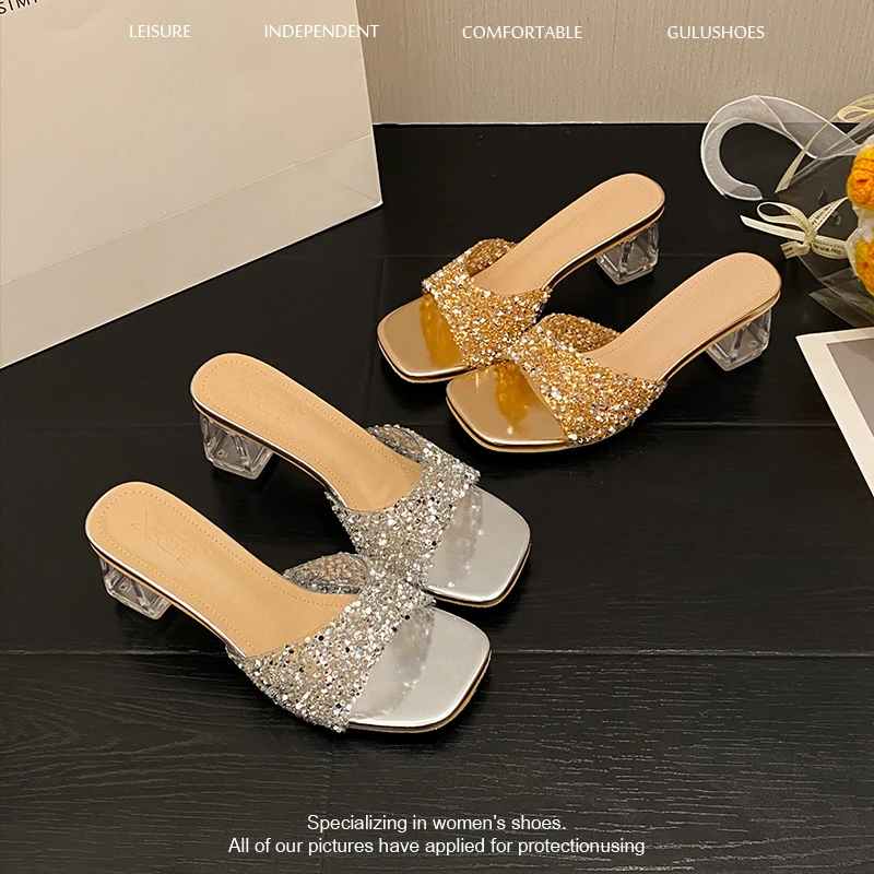 法式2025新款水钻仙女风透明跟凉鞋女夏灰姑娘高跟一字带外穿拖鞋