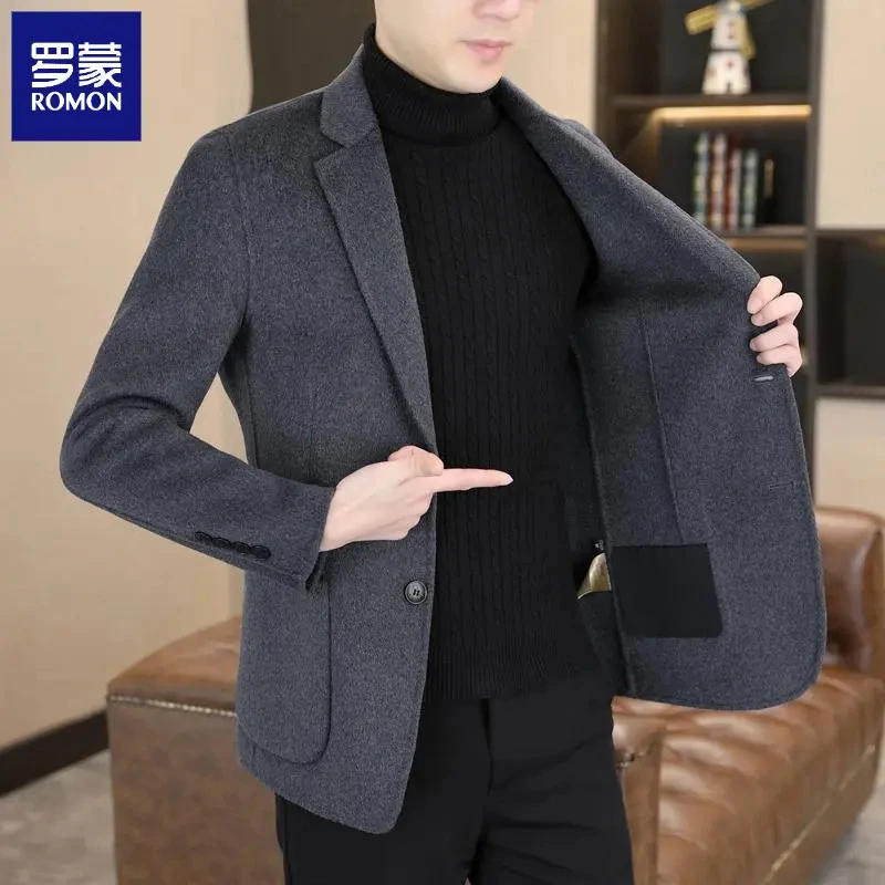 罗蒙高档羊毛西服男士双面毛呢单西秋冬季休闲外套百搭呢子小西装