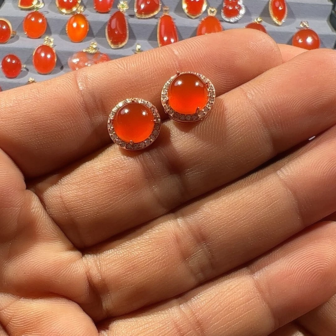 南红玛瑙银S925镶嵌耳饰